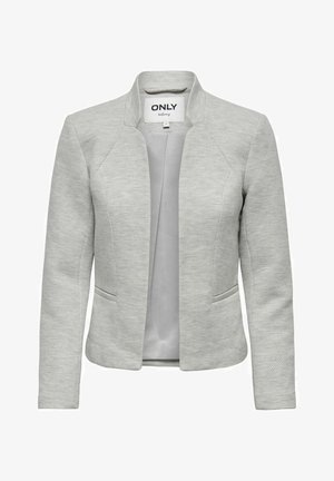 Világosszürke blézer, textúrált anyagból készült, sálgallérral, két oldalsó zsebbel és nyitott elülső résszel, amelynek nincs záródása.