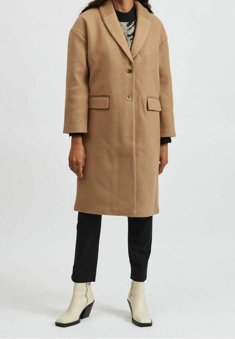 Personne portant un manteau camel mi-long, un pantalon noir, des bottines blanches et un pull à motifs en dessous.