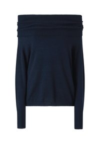 Mornarska pulover bez ramena od mekanog materijala. Ima rebrasti uzorak na izrezu i manžetama, s opuštenim krojem i dugim rukavima.