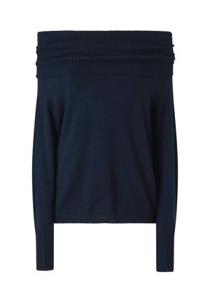 Suéter azul marino de un solo hombro hecho de un tejido suave. Presenta un acabado acanalado en el cuello y en los puños, con un corte relajado y mangas largas.