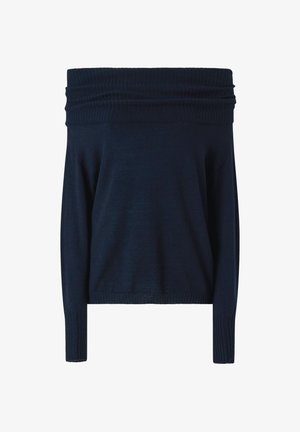 Mornarska pulover bez ramena od mekanog materijala. Ima rebrasti uzorak na izrezu i manžetama, s opuštenim krojem i dugim rukavima.