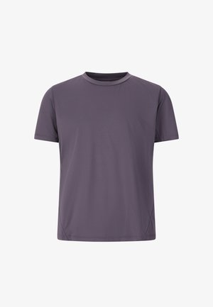 Lila Kurzarm-T-Shirt mit Rundhalsausschnitt aus glattem Stoff. Bietet eine legere Passform mit dezenten Nähten an den Seiten.