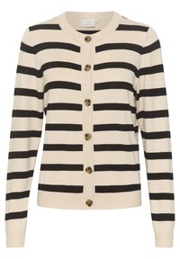 Beige Strickjacke mit schwarzen horizontalen Streifen, rundem Ausschnitt und sechs braunen Knöpfen. Weiches Strickmaterial; taillierte Ärmel, die an den Handgelenken zulaufen.