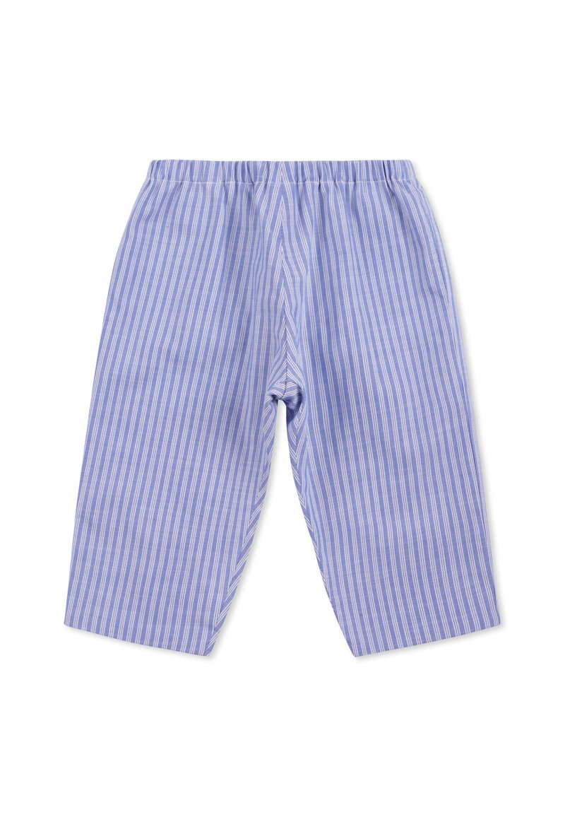 Blauwe en witte gestreepte katoenen broek met een elastische tailleband, voorzien van een relaxte pasvorm en een cropped lengte.