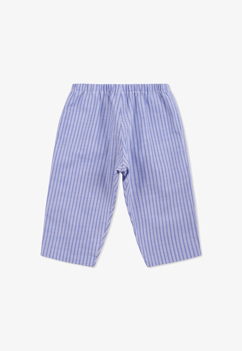 Blauwe en witte gestreepte katoenen broek met een elastische tailleband, voorzien van een relaxte pasvorm en een cropped lengte.