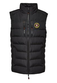Zwarte puffer-vest met hoge kraag, twee ritszakken en een rond logo-patch. Heeft een doorgestikte textuur en een ritssluiting aan de voorkant.