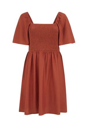 Rūdžių oranžinės spalvos trumpa suknelė su pūstomis pusilgio rankovėmis, raukšlėtu kvadratinio kaklo liemenėliu ir sužėlusia A formos sijono dalimi.