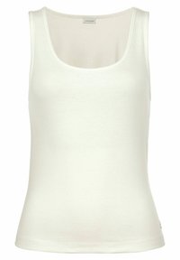 White tank top made of ribbed fabric, featuring a scoop neckline and thin straps, with a slim fit and a subtle brand label at the hem.