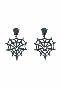 Orecchini a forma di ragnatela nera con un accento a goccia. Il design intricato della ragnatela presenta una finitura testurizzata, aggiungendo dettaglio e interesse visivo.