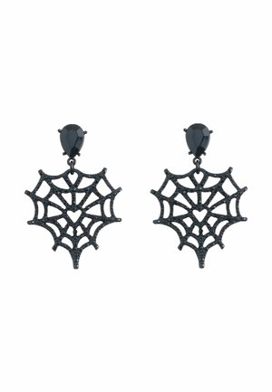 Sorte edderkoppespind øreringe med en dråbe accent. Det indviklede spindedesign har en tekstureret overflade, der tilføjer detaljer og visuel interesse.