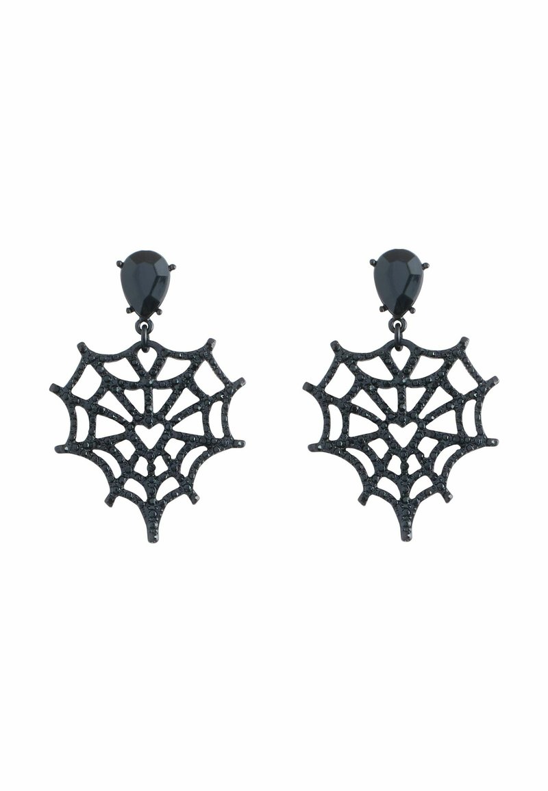 Orecchini a forma di ragnatela nera con un accento a goccia. Il design intricato della ragnatela presenta una finitura testurizzata, aggiungendo dettaglio e interesse visivo.