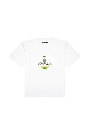 White cotton t-shirt featuring a pixelated graphic with a character, trophies, and icons. Round neckline and short sleeves.