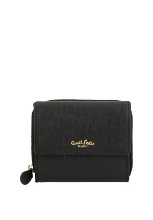 Crni teksturirani kožni novčanik sa zlatnim patentnim zatvaračem i urezanim zlatnim logom "Gusti Leder studio" na prednjoj preklopci.