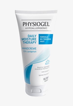 Physiogel hypoallergene tägliche Feuchtigkeits-Therapie-Handcreme in der Tube, 22 % Lipidgehalt, für normale bis trockene Haut, blau-weißes Verpackungsdesign.