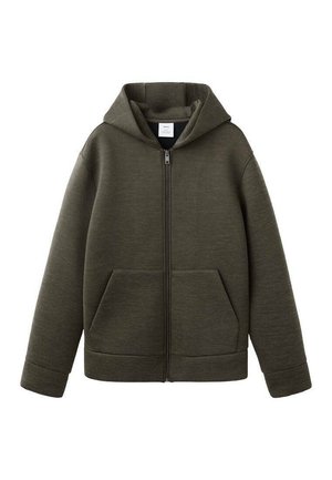 Hooded zip-up sweatshirt made of soft, dark green fabric. Features front pockets and wide sleeves with a slightly loose fit.