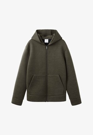 Felpa con cappuccio e zip realizzata in morbido tessuto verde scuro. Presenta tasche frontali e maniche larghe con vestibilità leggermente ampia.