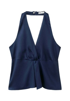 Marineblå ærmeløs haltertop med dyb V-hals og samlet detalje ved taljen, lavet af glat stof med knaplukning bagpå.
