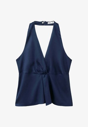 Top senza maniche blu navy con profondo scollo a V e dettaglio arricciato in vita, realizzato in tessuto liscio con chiusura posteriore con bottoni.