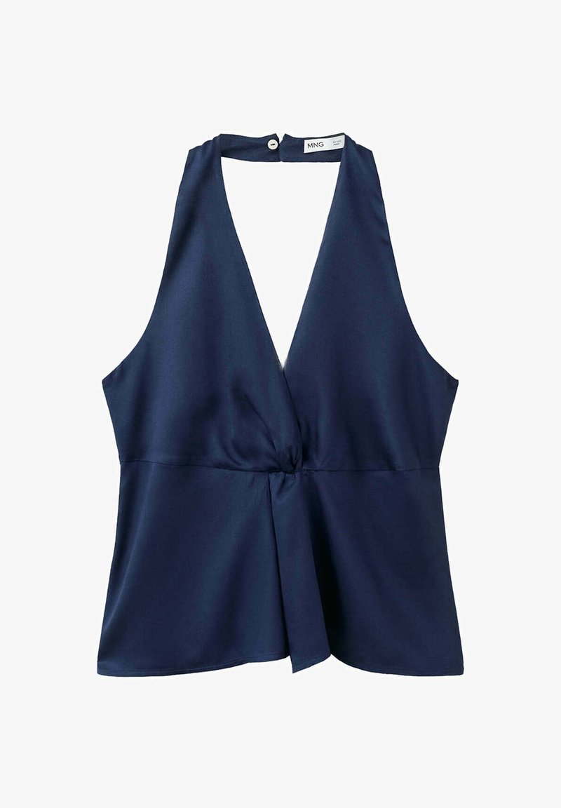 Haut dos nu bleu marine avec encolure en V profonde et détail froncé à la taille, en tissu lisse avec fermeture par boutons au dos.