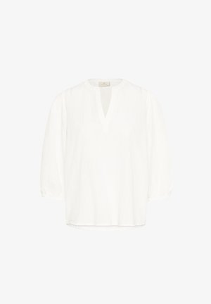 Bela bluzica z v-izrezom in 3/4 rokavi. Narejena iz teksturiranega blaga z diskretnimi vertikalnimi črtami. Ohlapen kroj in rob.