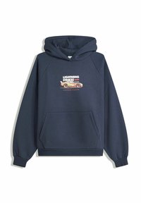 Marineblauwe hoodie met een voorzak, met de tekst "Lightning Strikes Again" en een afbeelding van de racewagen Lightning McQueen uit Cars.