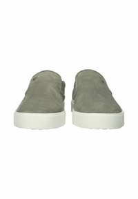 Par grå ruskindssko med elastisk åbning og hvide gummisåler, vist forfra på hvid baggrund.