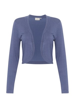 Cardigan bleu court avec manches longues, ouverture à l'avant et design aux bords arrondis. Texture douce et tissu léger.