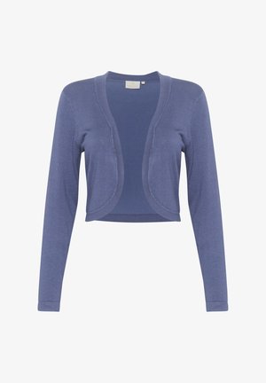 Sinine lühendatud kardigan pikkade varrukatega, avatud esiosa ja ümarate äärtega kujundus. Pehme tekstuur ja kerge kangas.