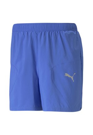 Blaue Sportshorts mit elastischem Bund und Puma-Logo am rechten Bein, mit aufgenähten Details an der Vorderseite.