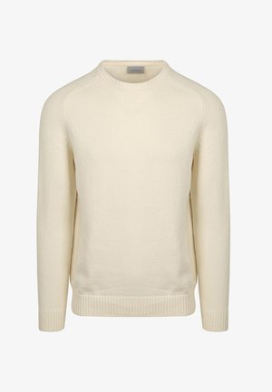 Crème-kleurige trui, ronde hals, ribbels om de mouwen en onderkant, gestructureerde gebreide stof, lange mouwen en een eenvoudig ontwerp zonder patronen.