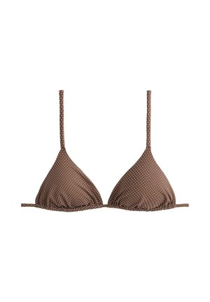 Hnědý horní díl bikin s bílými puntíky, trojúhelníkovými košíčky, tenkými nastavitelnými ramínky a zavazováním vzadu.