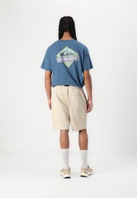 T-shirt en coton bleu avec un logo Quiksilver coloré dans le dos, associé à un short beige avec une taille élastique et des poches.