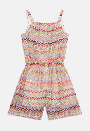 Ολόσωμη φόρμα χωρίς μανίκια με ελαστική μέση, διακοσμημένη με πολύχρωμο ζιγκ-ζαγκ μοτίβο σε αποχρώσεις ροζ, πορτοκαλί, πράσινο, μπλε και λευκό.