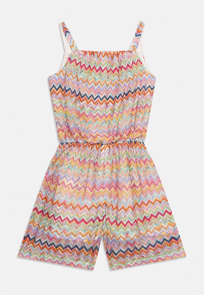 Ολόσωμη φόρμα χωρίς μανίκια με ελαστική μέση, διακοσμημένη με πολύχρωμο ζιγκ-ζαγκ μοτίβο σε αποχρώσεις ροζ, πορτοκαλί, πράσινο, μπλε και λευκό.