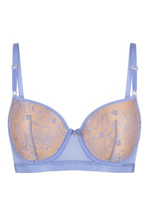 Bra with lilac fabric, mesh cups featuring floral embroidery in light beige. Thin adjustable straps and a band at the bottom.