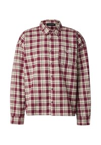 Bordeauxrode en crème geruite blouse met knopen, lange mouwen, een kraag en een zak. Gemaakt van een zachte, gestructureerde stof.