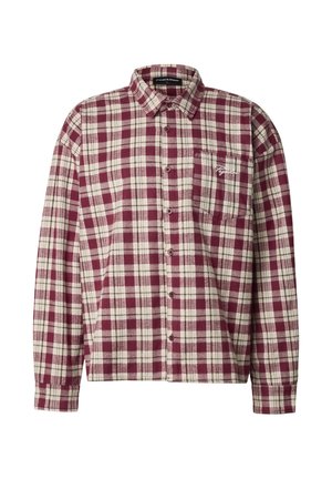 Bordová a krémová košeľa s kockovaným vzorom, zapínaná na gombíky, s dlhými rukávmi, golierom a vreckom. Vyrobená z mäkkej, textúrovanej látky.