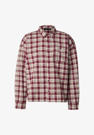 Bordeauxrød og cremefarvet ternet skjorte med knapper, lange ærmer, krave og lomme. Lavet af et blødt, tekstureret stof.