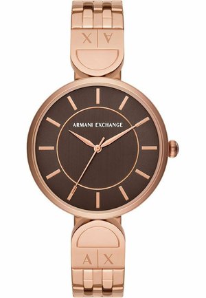 Roségouden Armani Exchange polshorloge met bruine wijzerplaat, minimalistische uurmarkeringen, drie wijzers en metalen armband met merklinks.