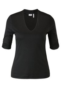 Zwarte, kortärmige V-hals t-shirt gemaakt van soepel stof. Heeft een geplooid detail op de mouwen en een getailleerd silhouet.