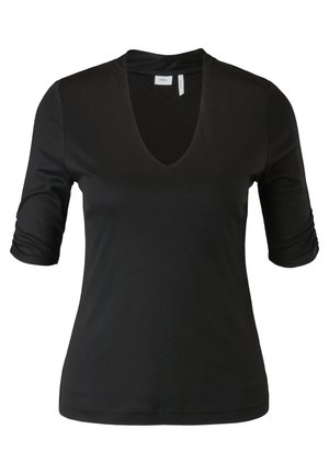 Schwarzes, kurzärmliges V-Ausschnitt-T-Shirt aus glattem Stoff. Hat versammelte Details an den Ärmeln und eine figurnahe Silhouette.