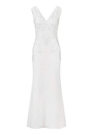 Witte avondjurk met een getailleerde silouet, V-halslijn en brede banden. Kenmerkt zich door ingewikkelde kanten borduursels langs de bodice en de onderste zoom.