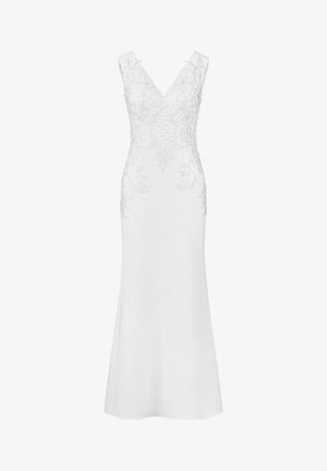 Witte avondjurk met een getailleerde silouet, V-halslijn en brede banden. Kenmerkt zich door ingewikkelde kanten borduursels langs de bodice en de onderste zoom.