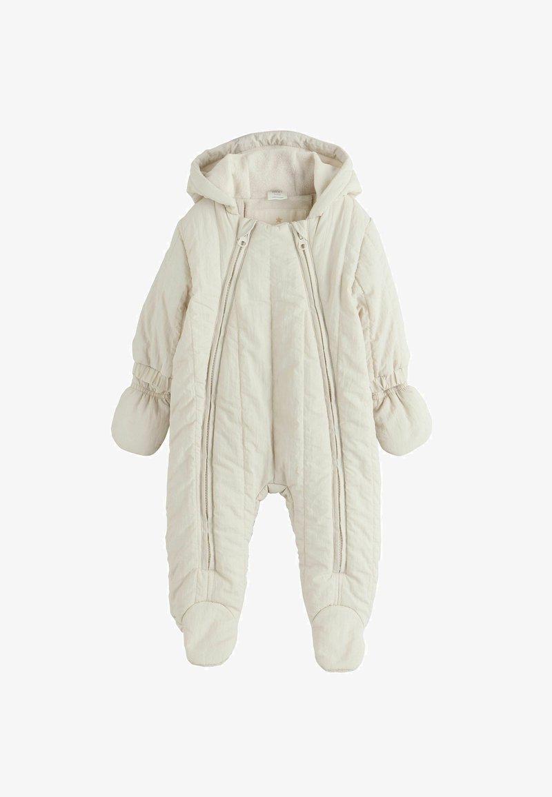 Cream-colored padded baby snowsuit with hood, mittens attached, footed legs, and two front zippers for easy dressing.