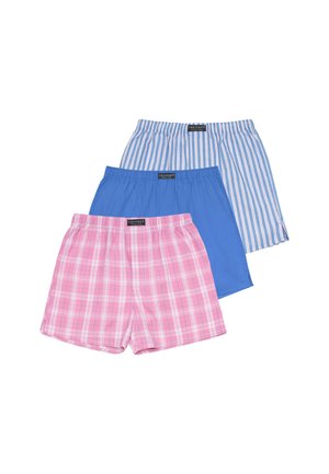 Drei Paar Herrenboxershorts in pink kariert, uni blau und blau-weißen Streifen mit elastischem Bund.