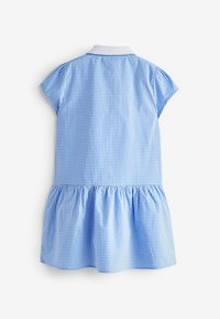 Hellblau kariertes Kleid mit kurzen Ärmeln, Kragen und gerafftem Rock. Hergestellt aus einem weichen Stoff mit glatter Textur.