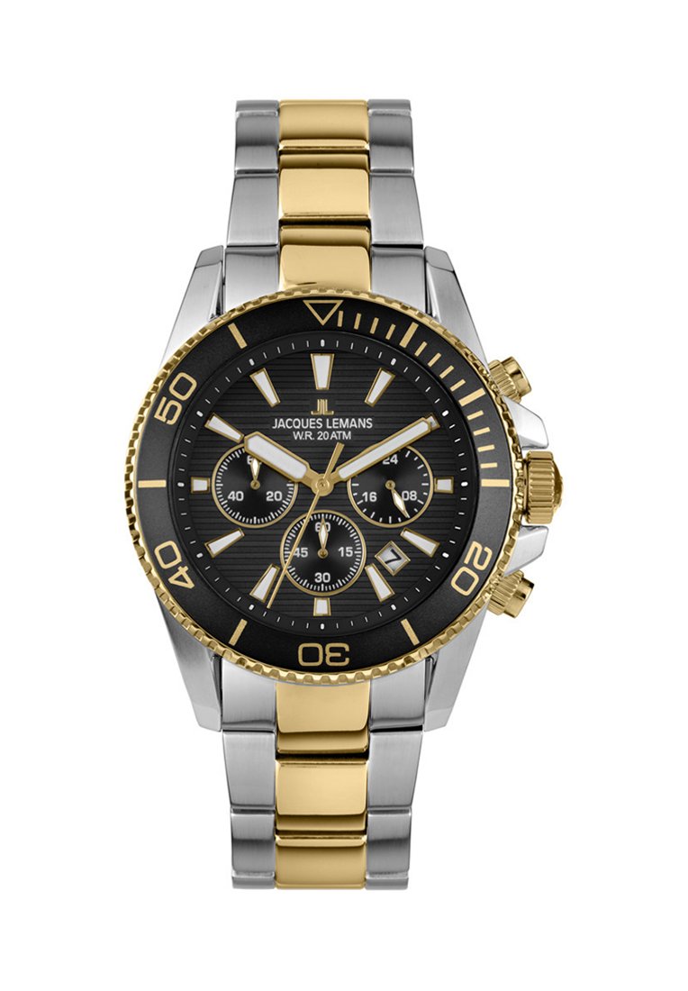 Orologio in acciaio inossidabile argento e oro con quadrante nero, tre sotto-quadranti e lunetta girevole. Presenta indici delle ore audaci e una finestra per la data.