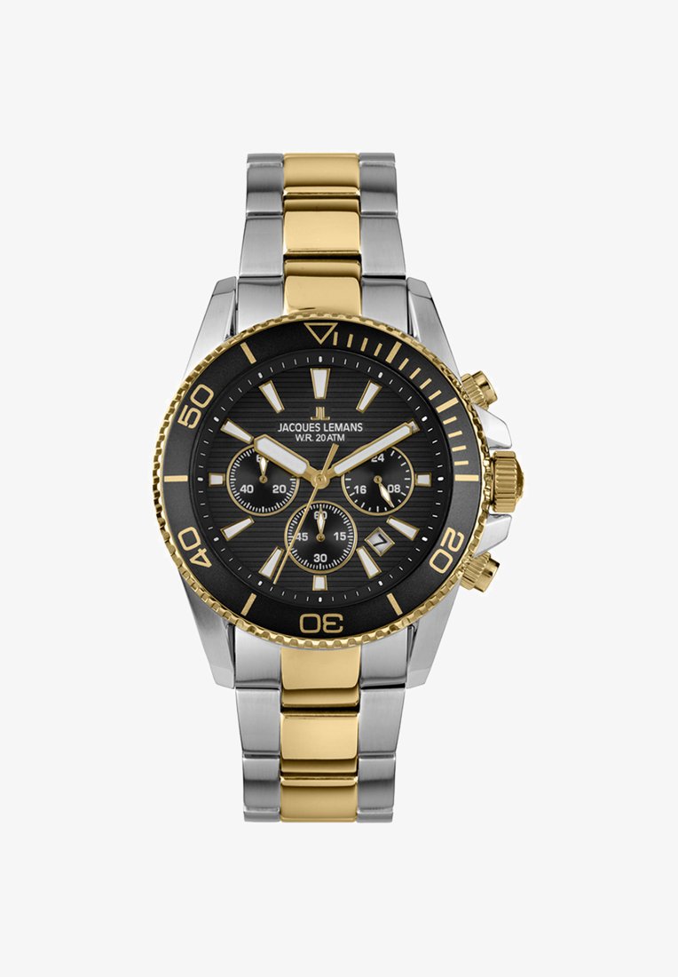 Orologio in acciaio inossidabile argento e oro con quadrante nero, tre sotto-quadranti e lunetta girevole. Presenta indici delle ore audaci e una finestra per la data.