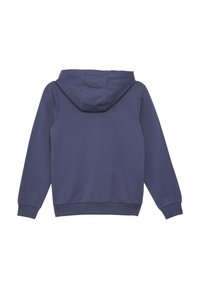 Navy blauwe hoodie met lange mouwen, geribbelde cuffs en zoom; gladde textuur, geen zichtbare patronen of hardware-details.