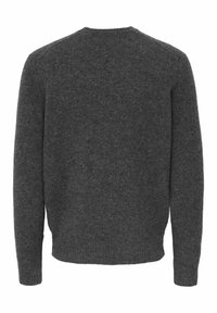 Ciemnoszary sweter z dzianiny, z okrągłym dekoltem, długimi rękawami i prążkowanymi wykończeniami przy mankietach i dole. Miękka tekstura i minimalistyczny design.